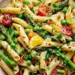 Delicious creamy pasta primavera with fresh vegetables served in a bowl