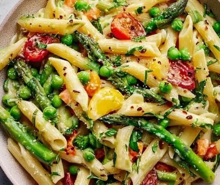 Delicious creamy pasta primavera with fresh vegetables served in a bowl