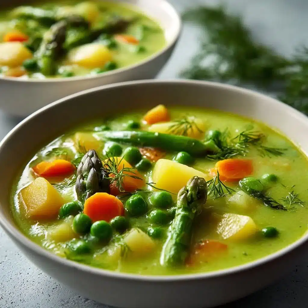 Bowl of creamy spring vegetable soup with fresh ingredients and herbs
