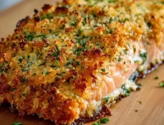 Crispy Parmesan crusted baked salmon garnished with herbs on a plate