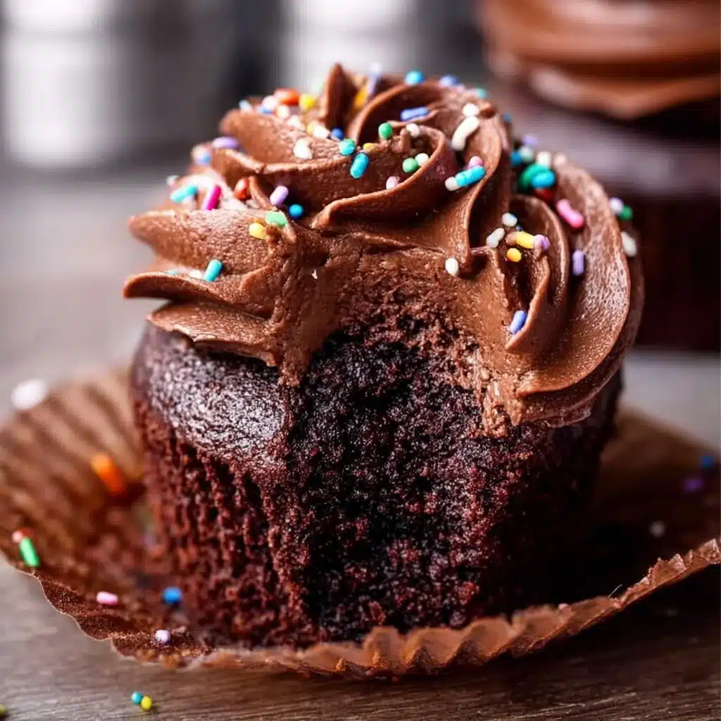 Delicious double chocolate cupcakes with creamy frosting and chocolate sprinkles