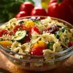 Colorful Easy Greek Pasta Salad with feta, olives, and vegetables