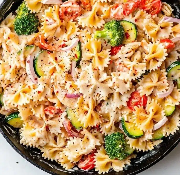 Colorful and flavorful vegan pasta primavera with fresh vegetables.