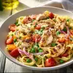 Delicious fresh chicken pasta primavera with vegetables
