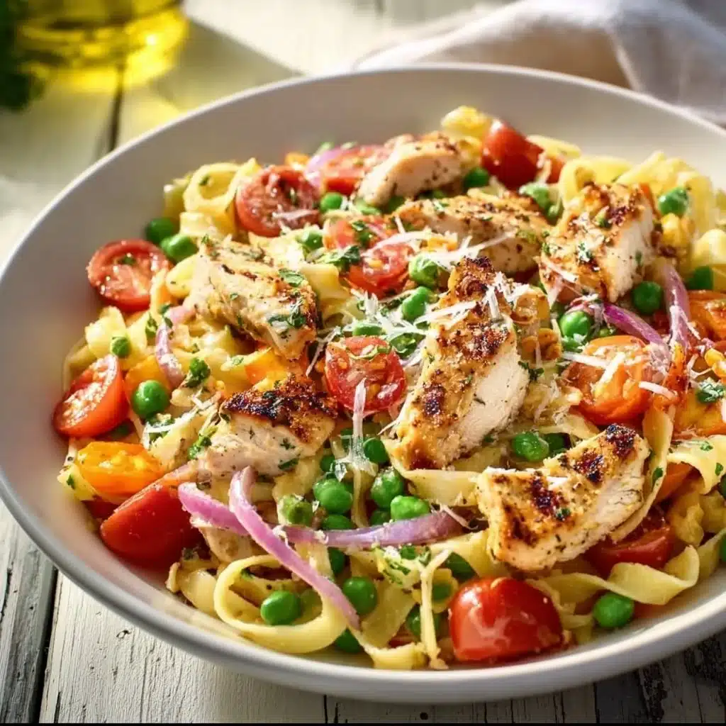 Delicious fresh chicken pasta primavera with vegetables