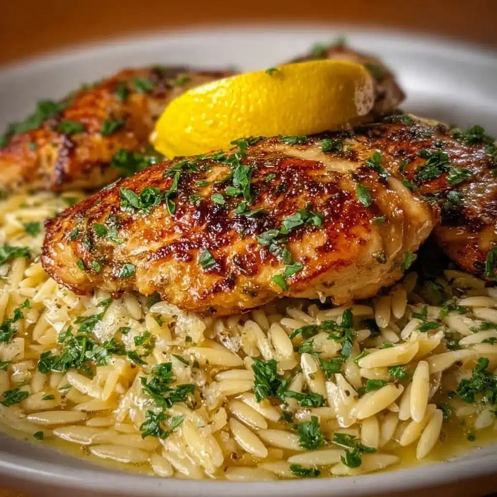 Greek Lemon Chicken and Orzo dish garnished with herbs