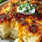 Delicious hashbrown breakfast casserole topped with melted cheese and herbs