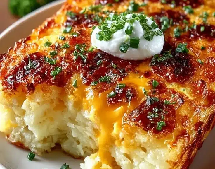 Delicious hashbrown breakfast casserole topped with melted cheese and herbs