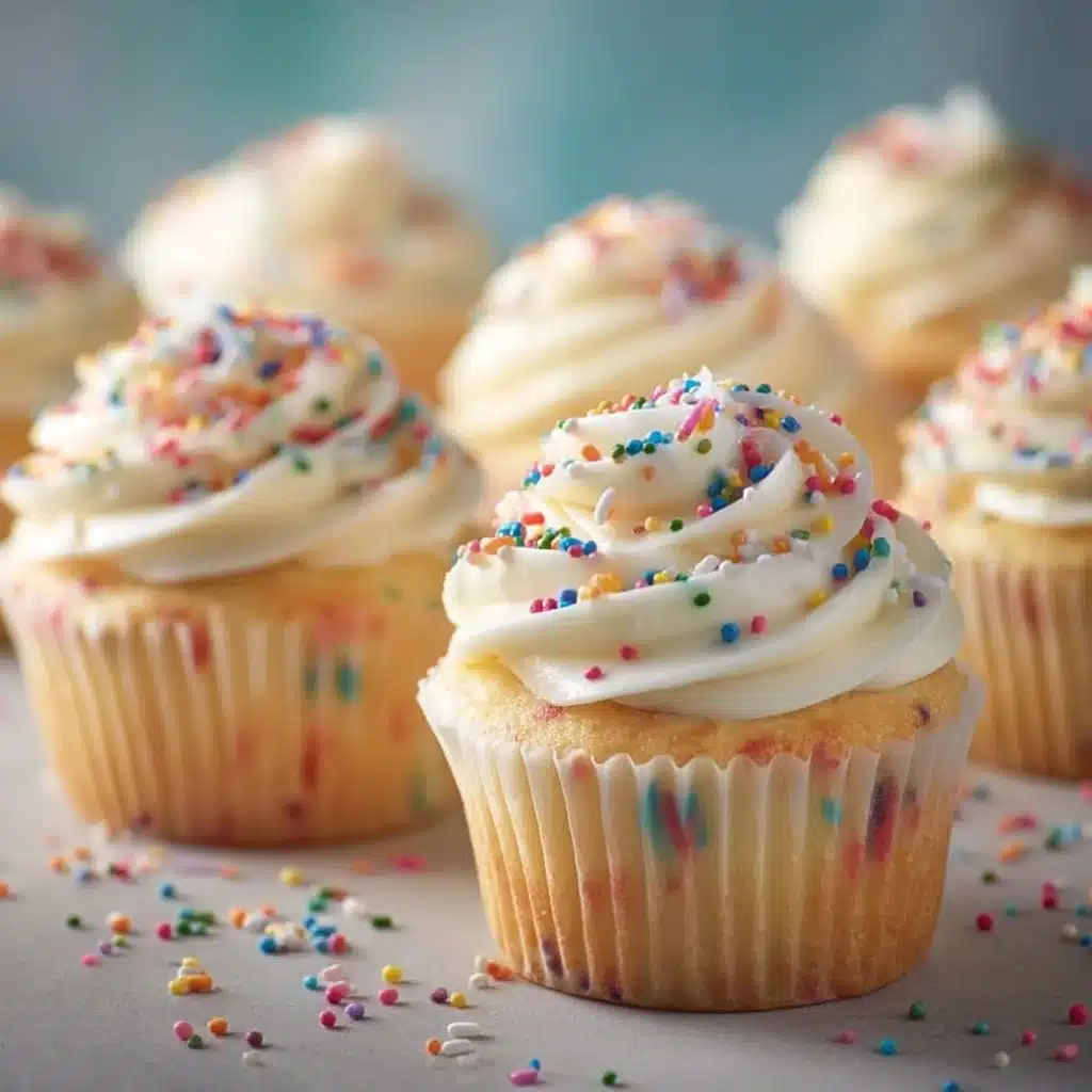 Homemade Funfetti cupcakes topped with colorful sprinkles and creamy frosting