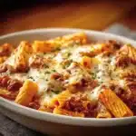 Deliciously baked ziti topped with melted cheese and herbs