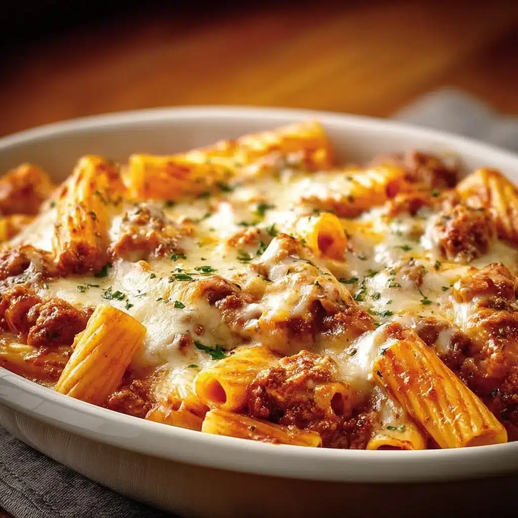 Deliciously baked ziti topped with melted cheese and herbs