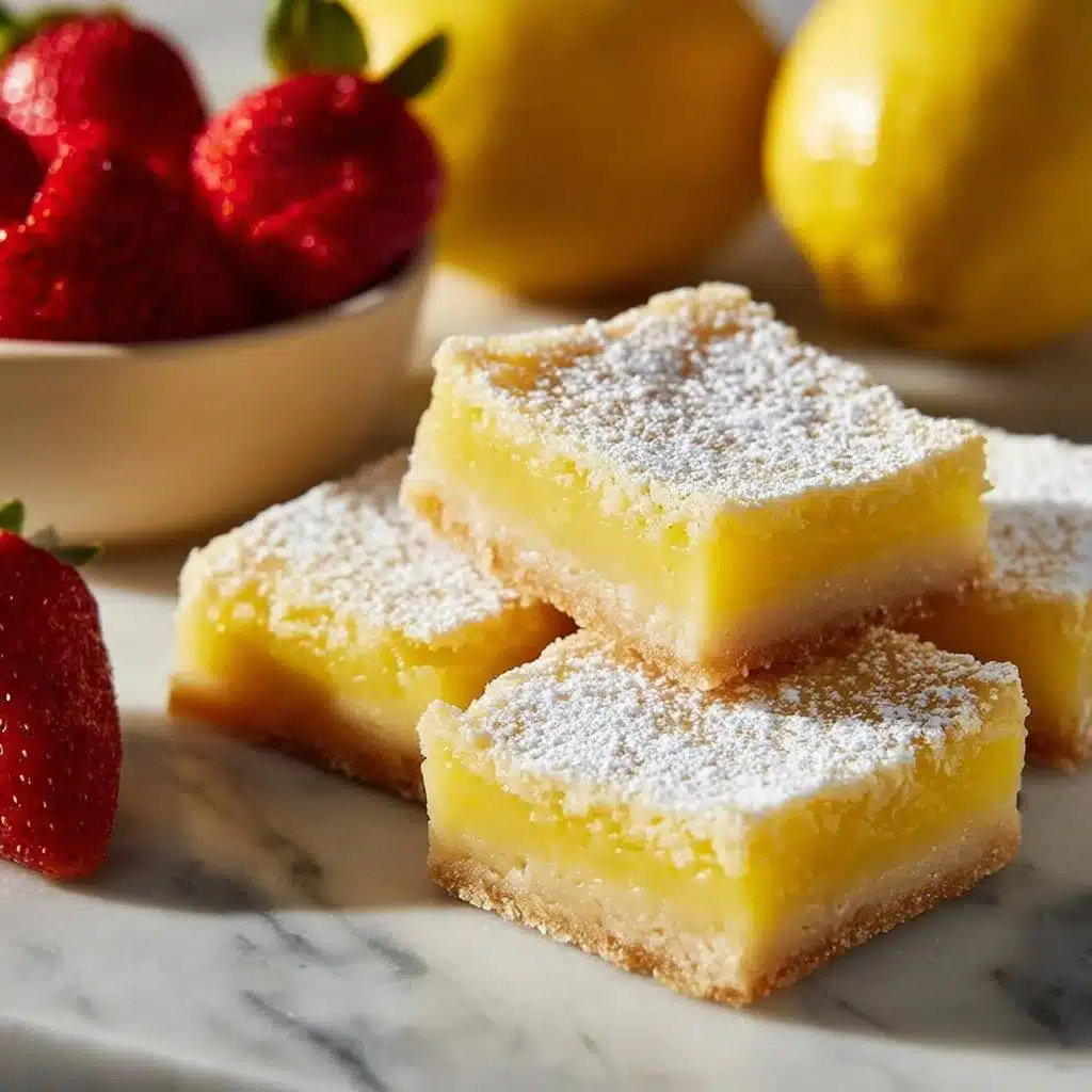 Delicious homemade lemon bars dusted with powdered sugar.