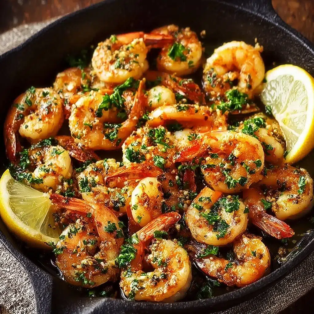 Plate of lemon garlic butter shrimp garnished with parsley