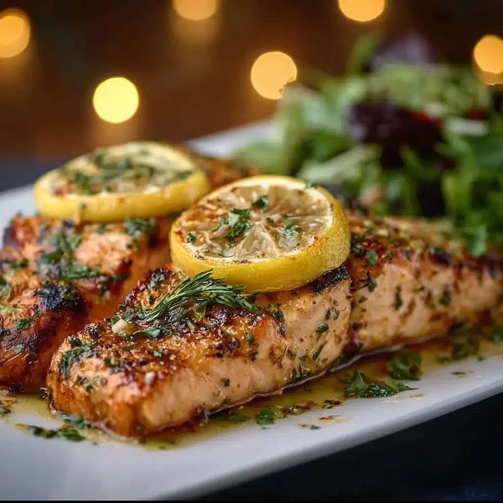 Delicious lemon grilled salmon on a plate garnished with herbs