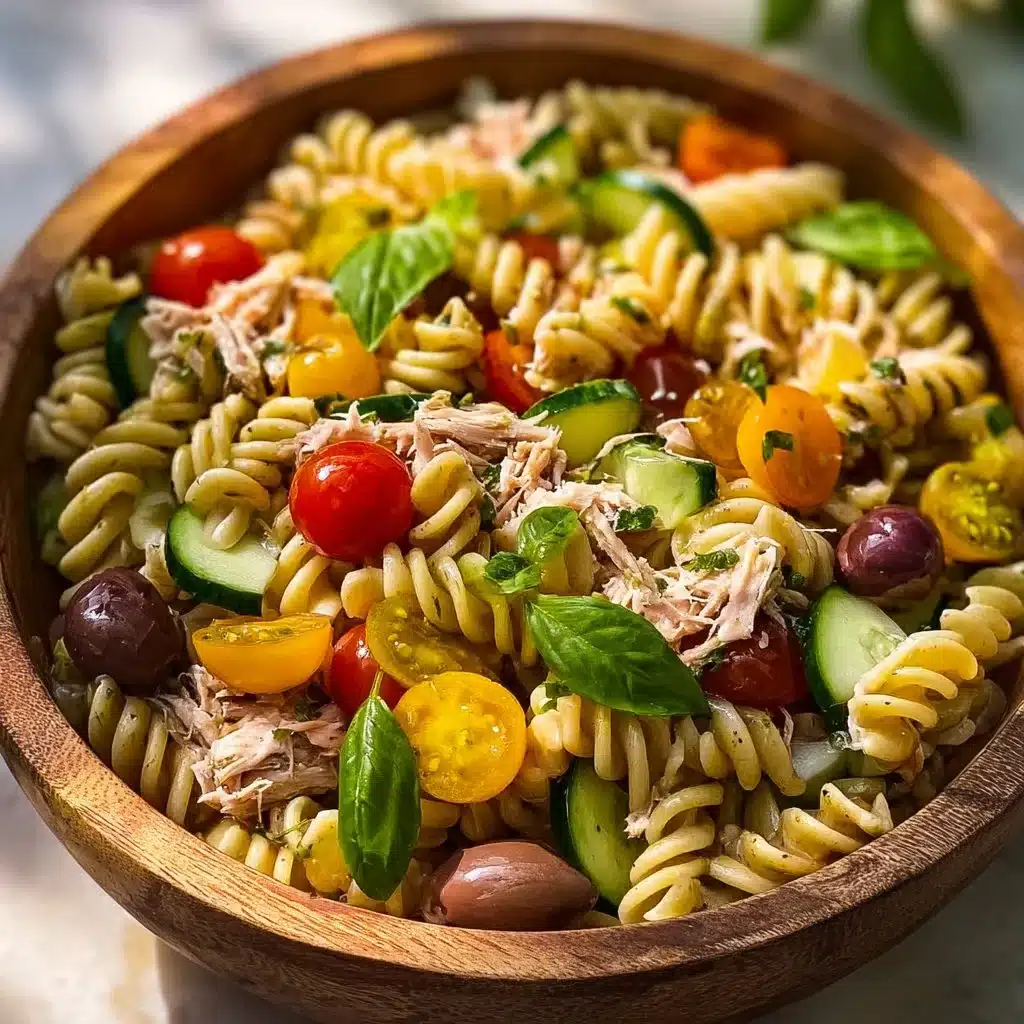 Mediterranean Tuna Pasta Salad with fresh vegetables and dressing