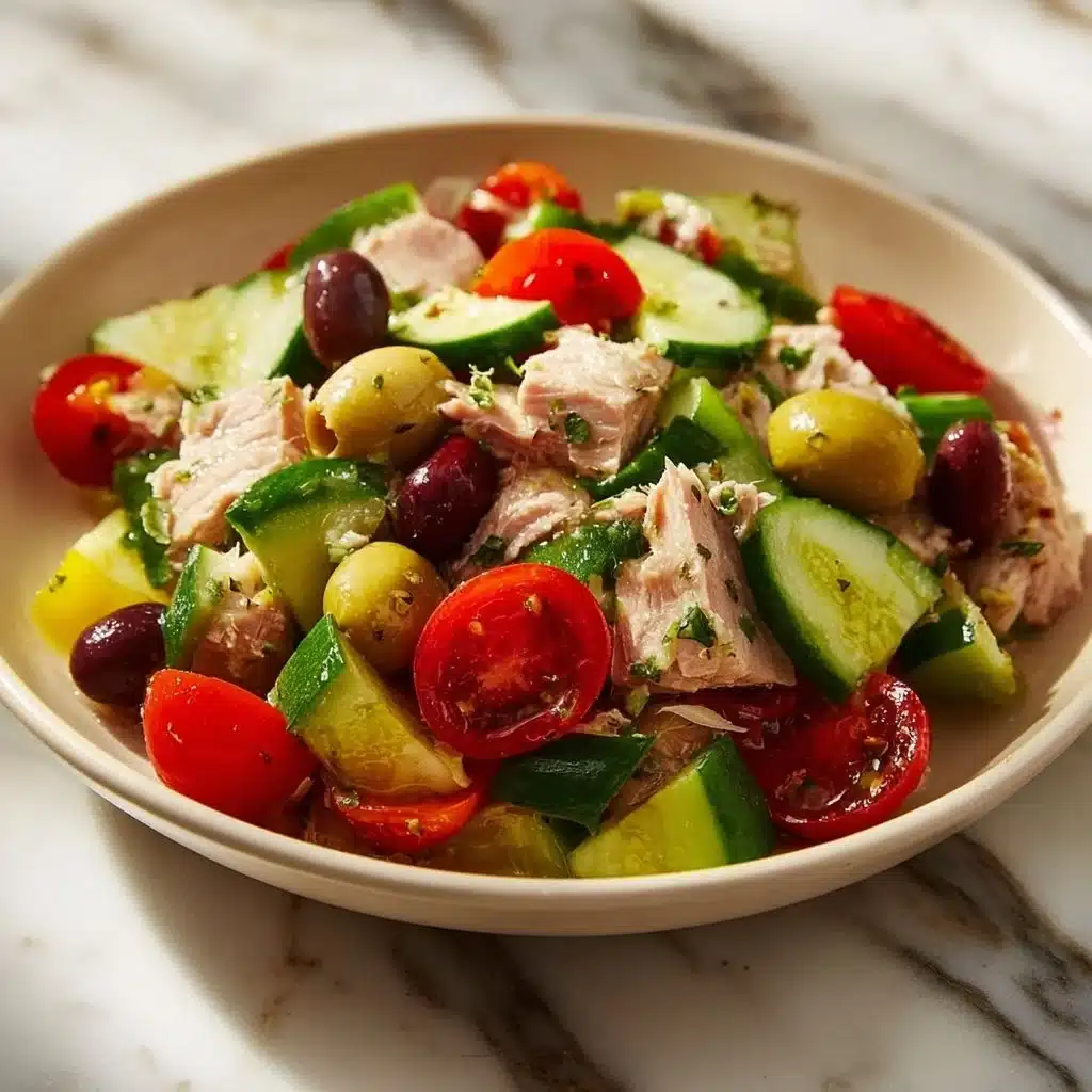 Mediterranean tuna salad with olives, tomatoes, and herbs in a bowl