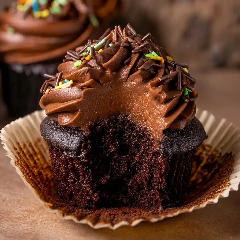 Delicious moist chocolate cupcakes topped with creamy frosting
