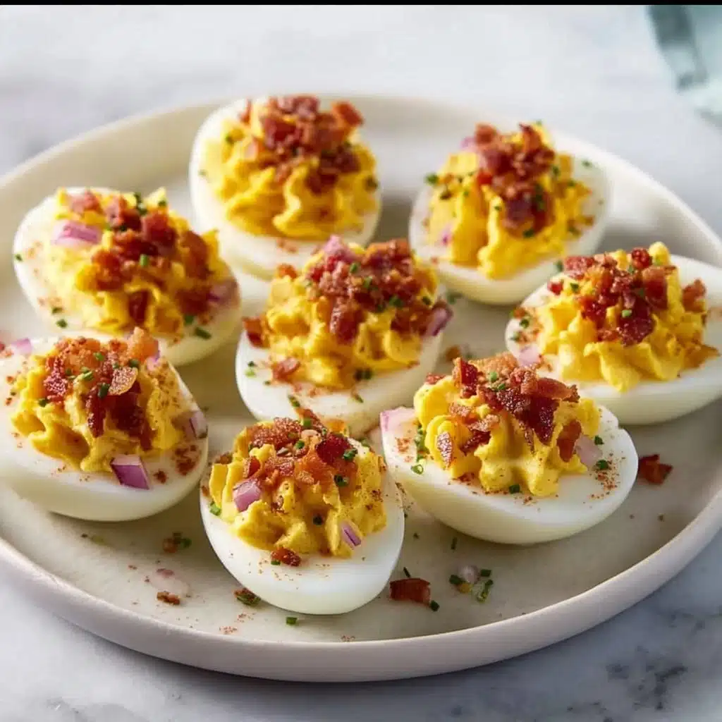 Mustard pickled eggs served on a plate, garnished and ready to enjoy.