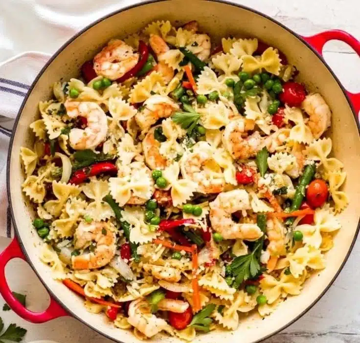 Delicious Pasta Primavera with Shrimp featuring colorful vegetables