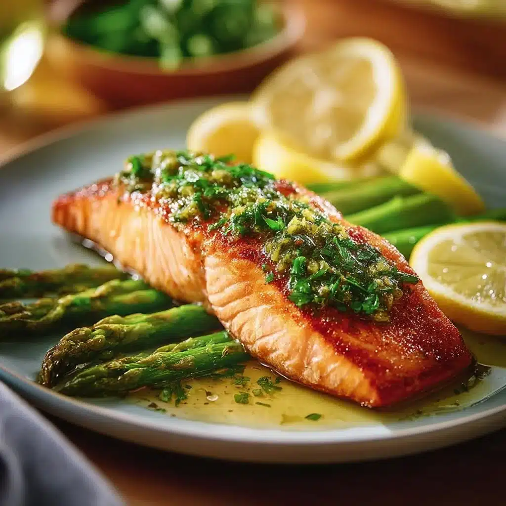 Plate of salmon with asparagus and lemon garlic butter sauce