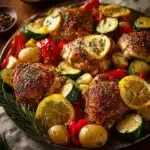 Sheet pan with lemon herb chicken and colorful vegetables ready to serve