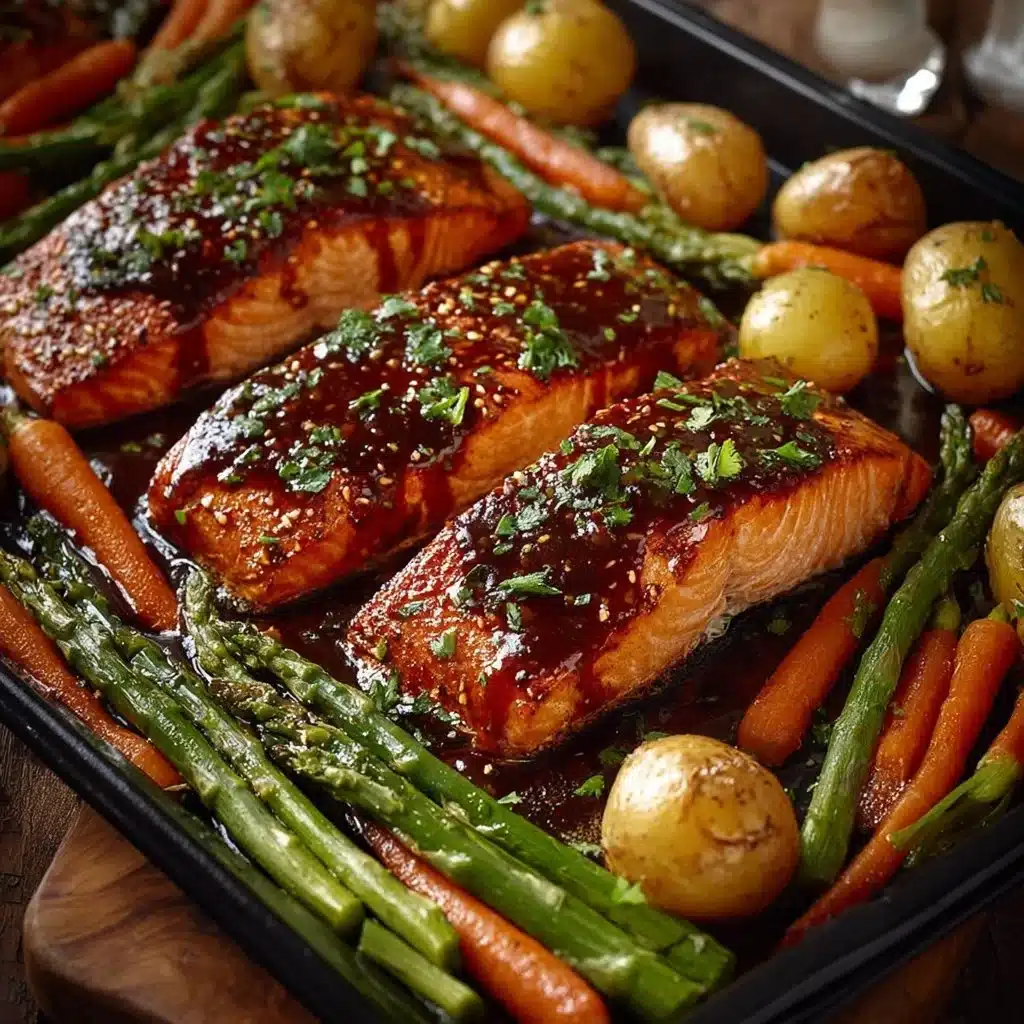 Sheet Pan Teriyaki Salmon with vibrant vegetables and a glaze