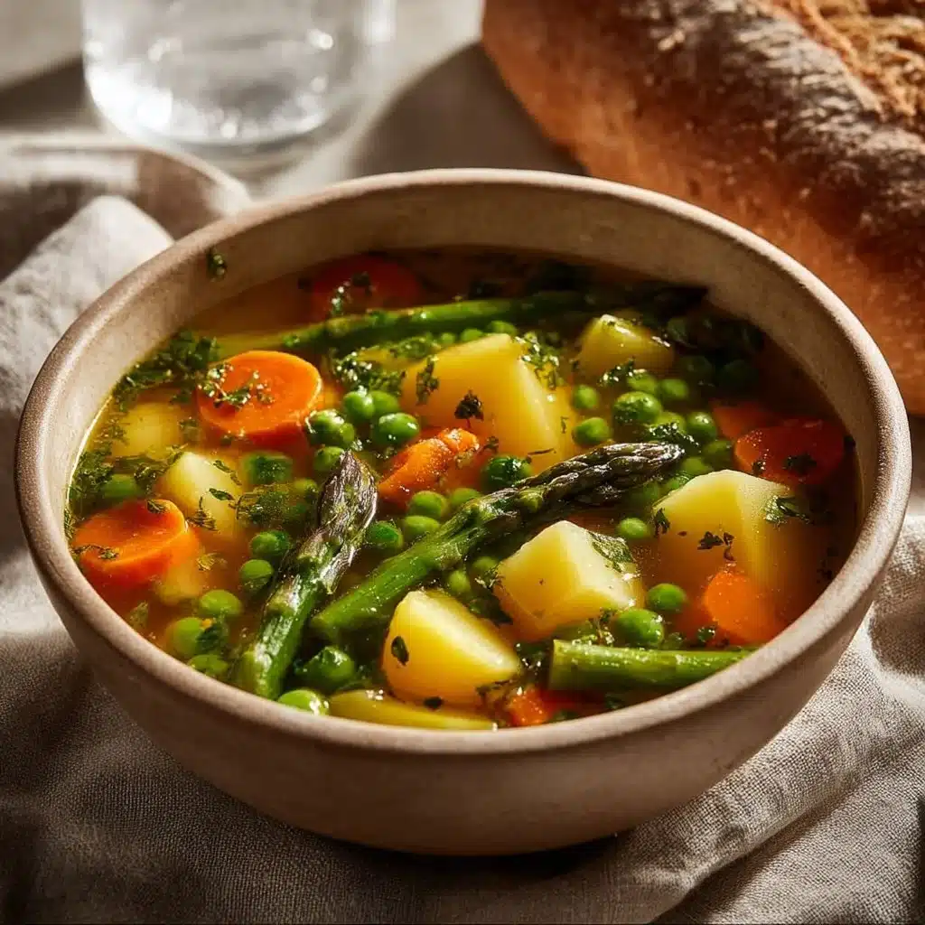 Bowl of fresh spring vegetable soup with a variety of colorful vegetables