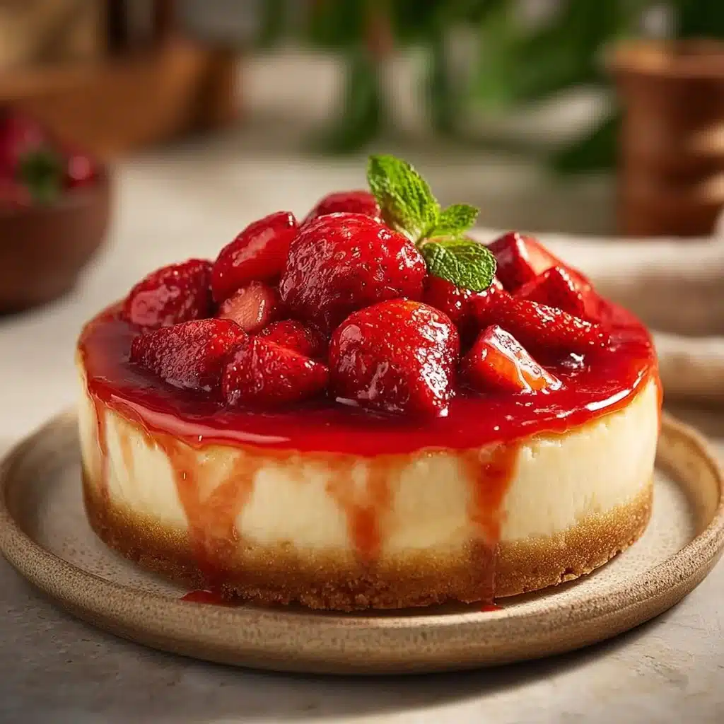 Delicious strawberry cheesecake topped with fresh strawberries and a creamy layer.