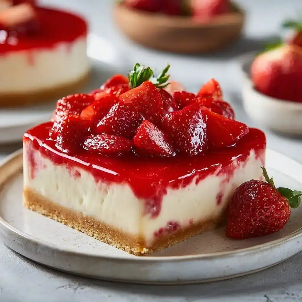 Delicious strawberry cheesecake bars with fresh strawberries on top
