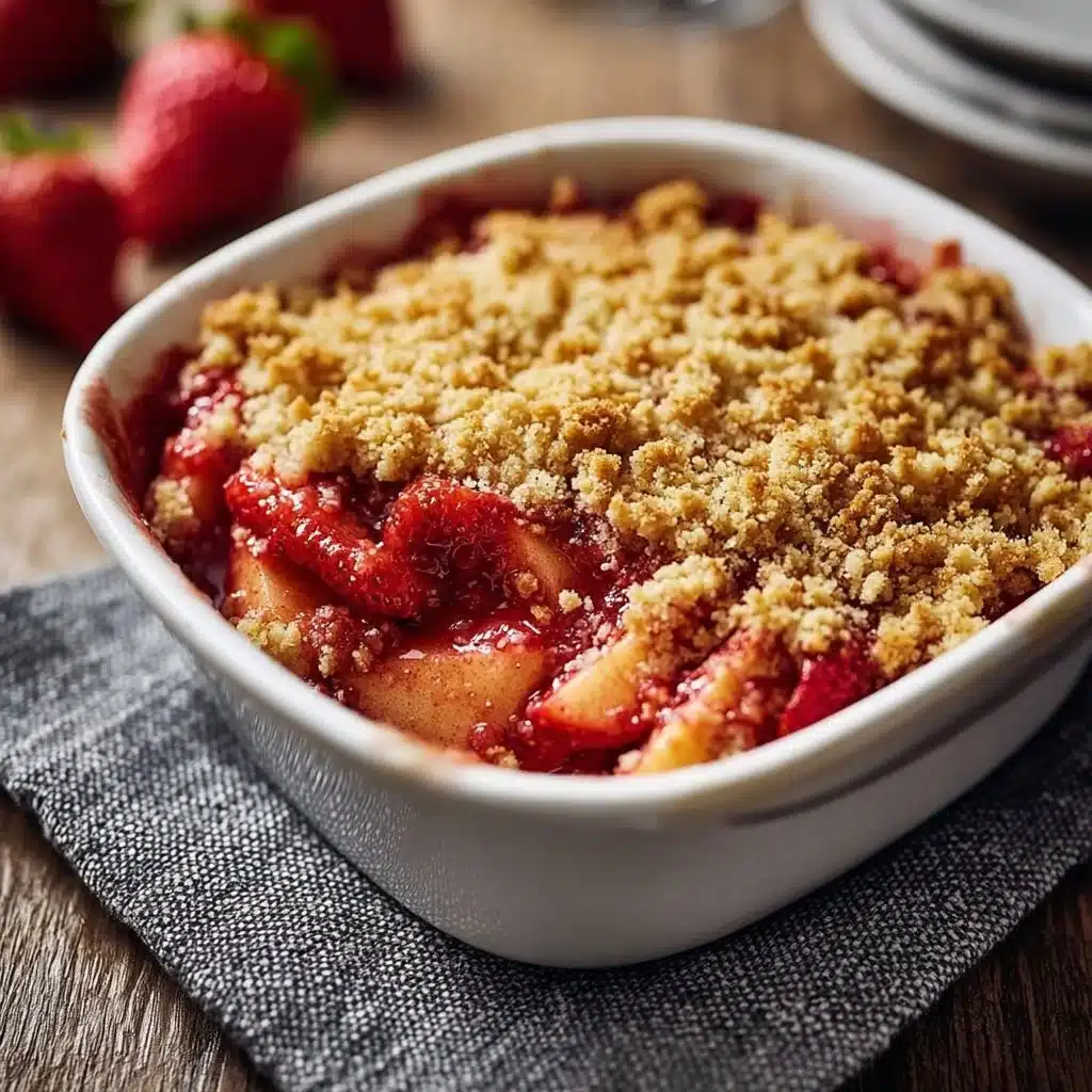 Delicious strawberry rhubarb crisp dessert topped with golden oats