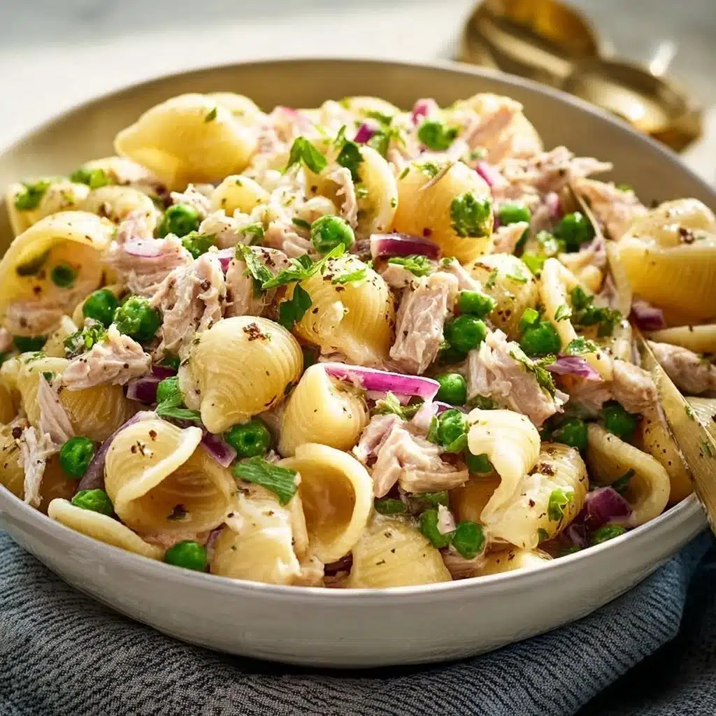 A vibrant bowl of tuna pasta salad with cherry tomatoes, olives, and herbs.