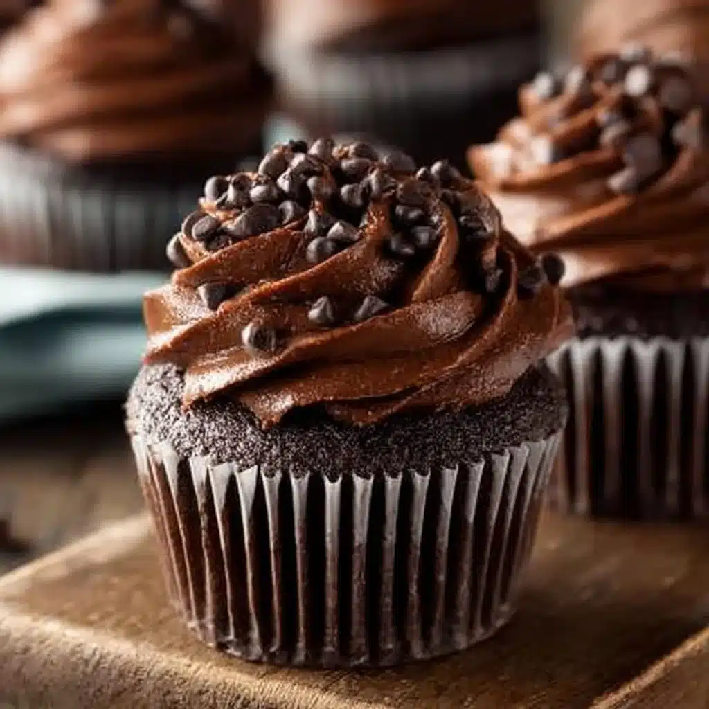 Ultimate double chocolate cupcakes topped with creamy chocolate frosting