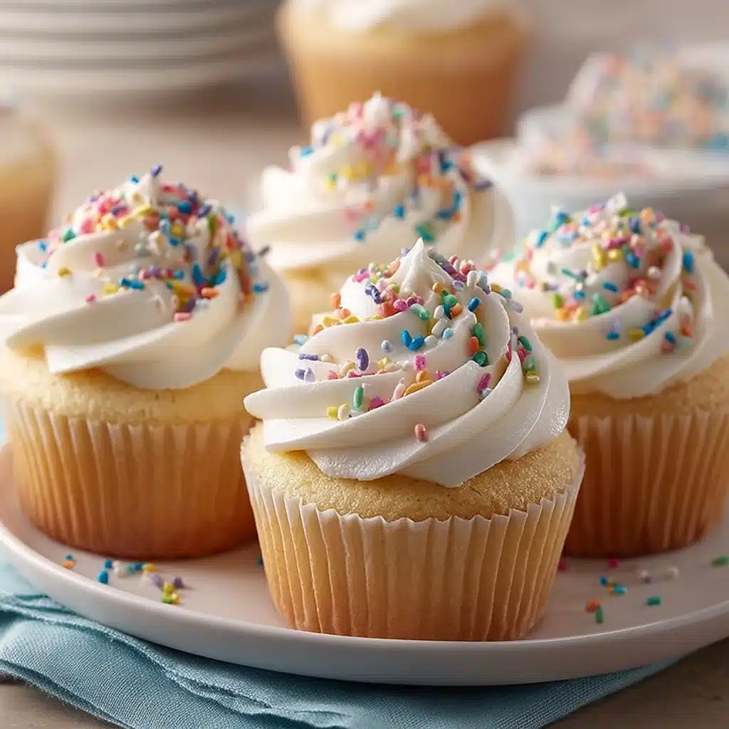 Delicious homemade vanilla cupcakes with creamy frosting and sprinkles