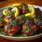 Greek Lemon Chicken with lemon slices and herbs on a plate.