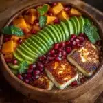Delicious Hot Honey Halloumi Bowl with crispy cheese and a drizzle of spicy honey.