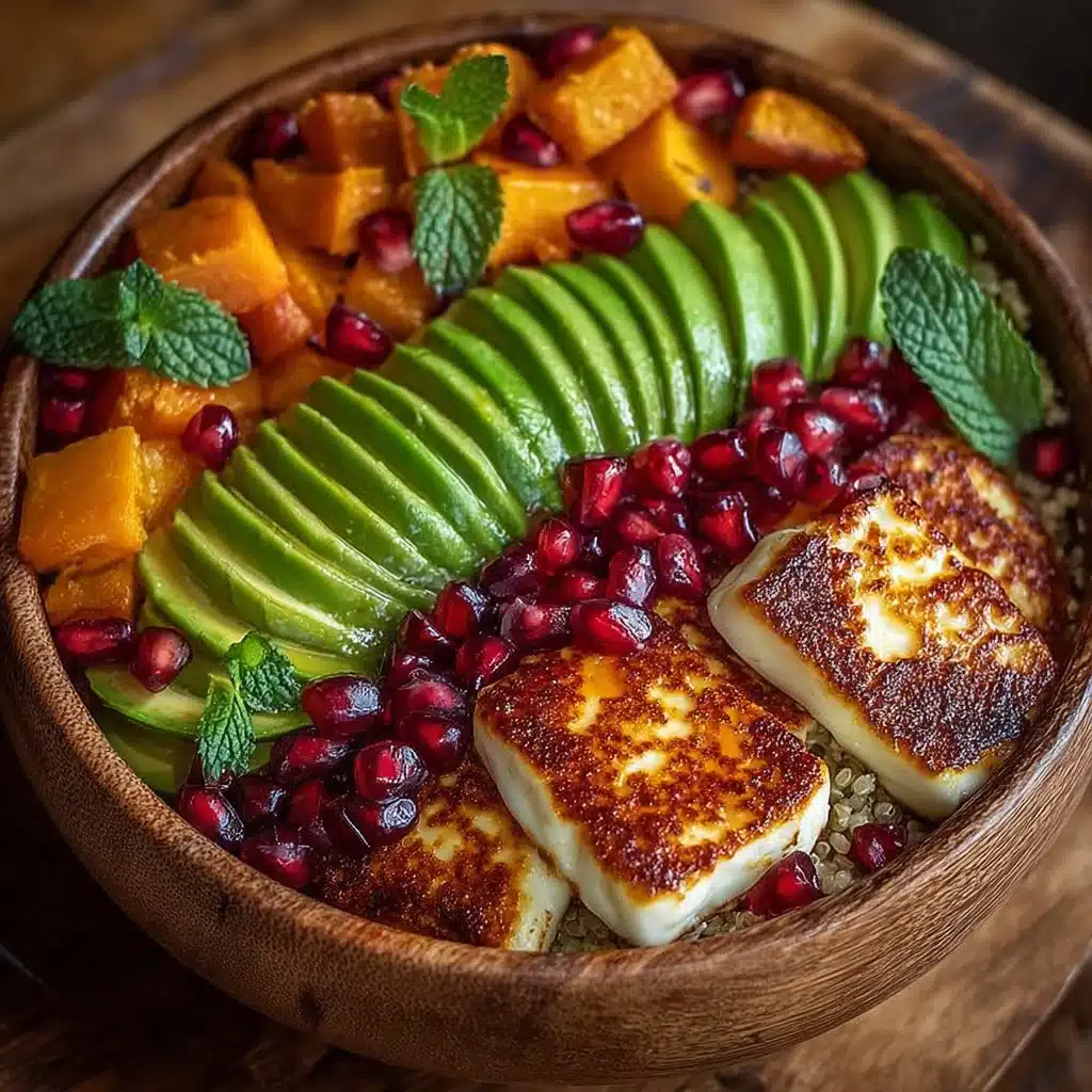 Delicious Hot Honey Halloumi Bowl with crispy cheese and a drizzle of spicy honey.