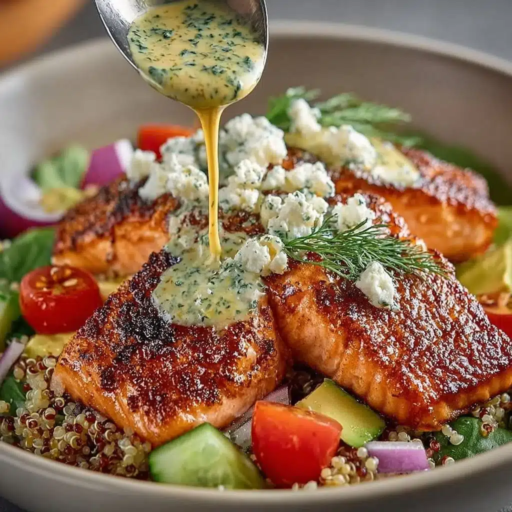 Mediterranean salmon rice bowl with fresh vegetables and herbs.
