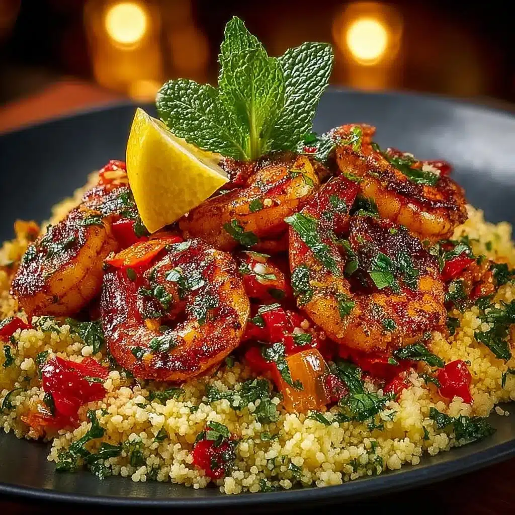 Mediterranean Shrimp Couscous dish served with fresh herbs.