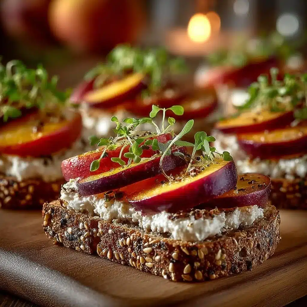 Peach Burrata Crostini with fresh peaches and creamy burrata on toasted bread.