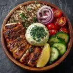 Colorful summer Mediterranean chicken bowls with fresh vegetables and grains