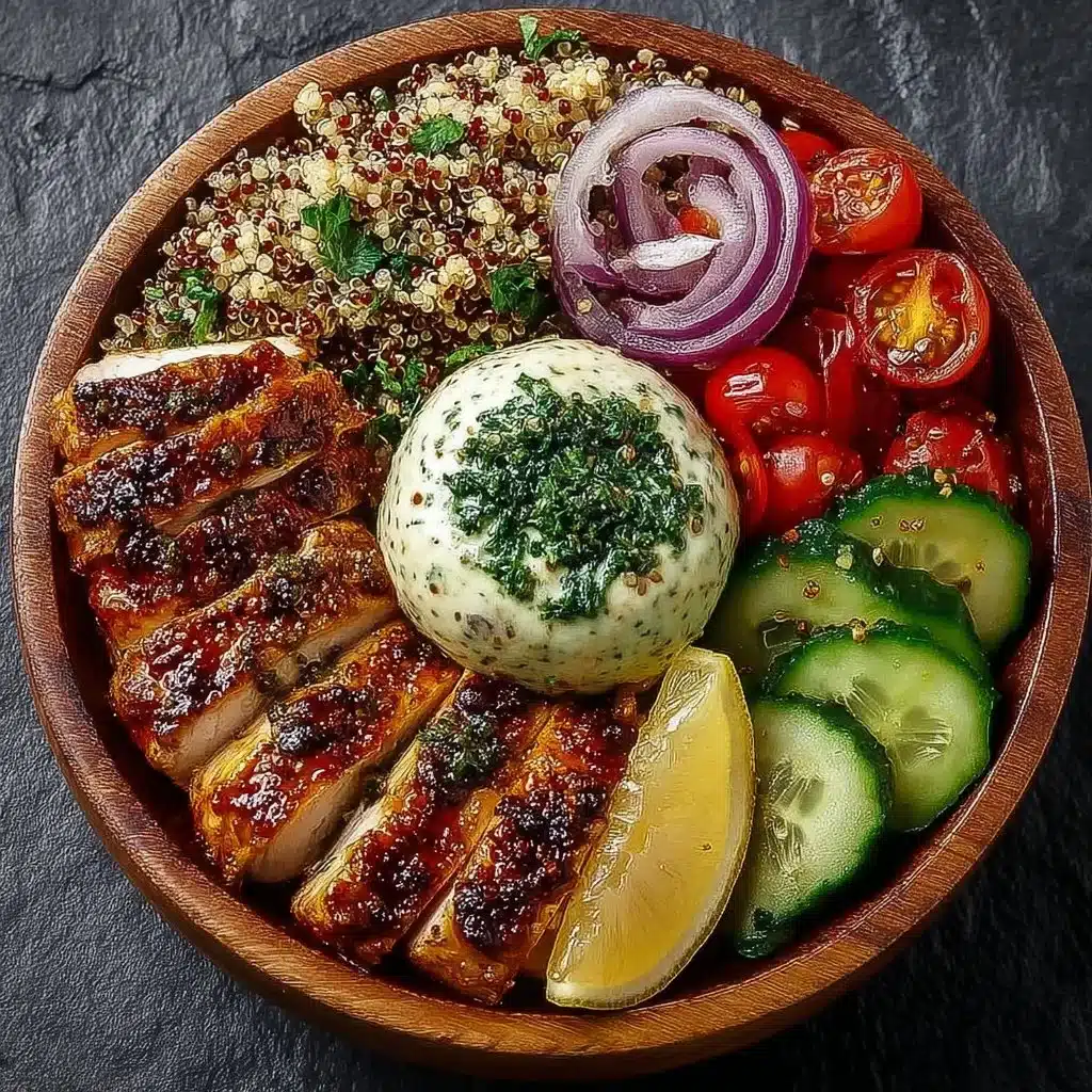 Colorful summer Mediterranean chicken bowls with fresh vegetables and grains