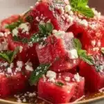 Watermelon Feta Mint Salad with fresh mint leaves on a white plate