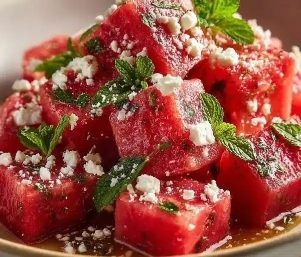 Watermelon Feta Mint Salad with fresh mint leaves on a white plate