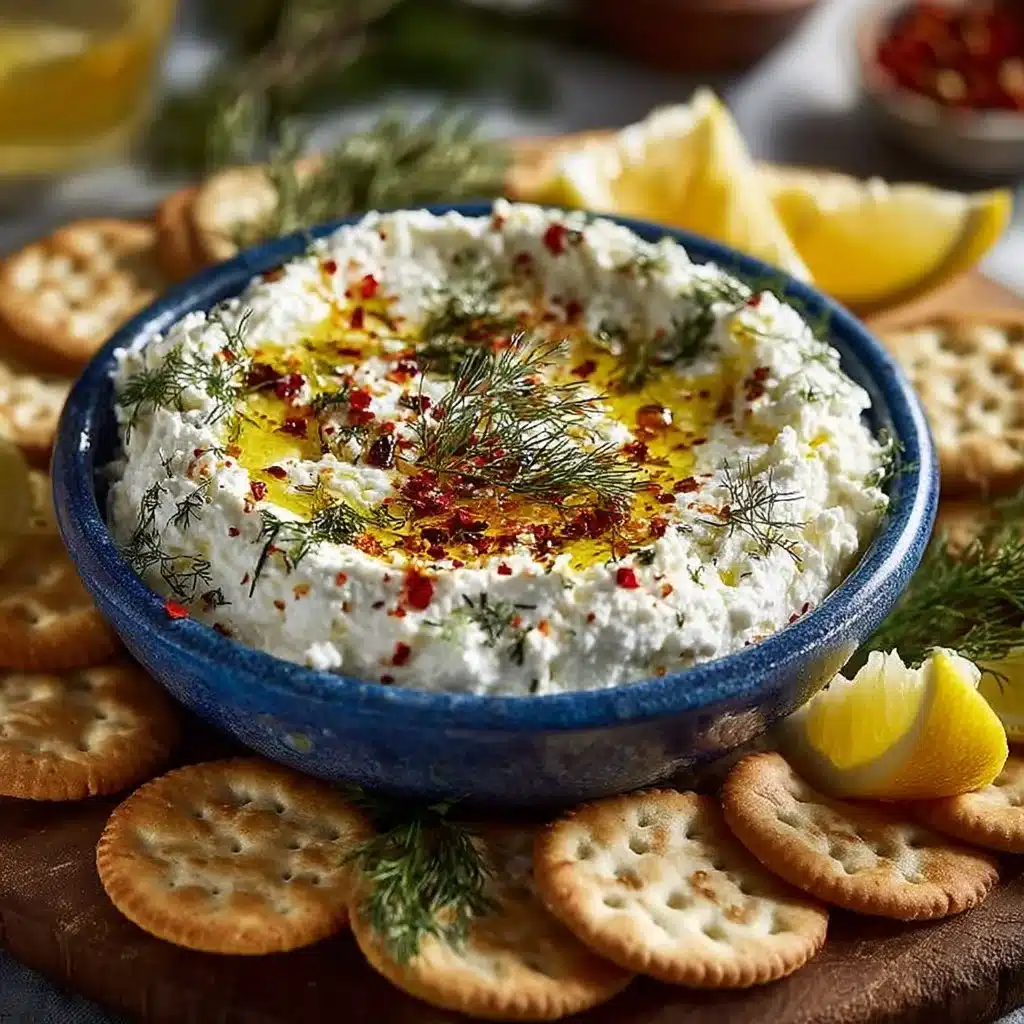 A colorful platter featuring whipped feta dip with assorted vegetables and crackers.